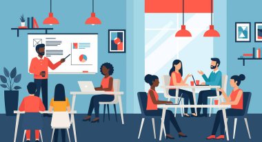 Modern bir ofiste çeşitli profesyonellerin tasviri, bazıları dizüstü bilgisayarlar üzerinde çalışıyor, diğerleri ise bir sunumda, işbirlikçi bir ortamı teşvik ediyor..