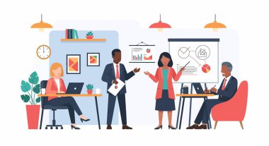 Modern bir ofiste dört farklı profesyonel, çizelge ve grafikleri sunarak, dizüstü bilgisayar kullanarak ve stratejik bir tartışmaya girerek işbirliği yaparlar..