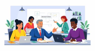 Çeşitli profesyonellerden oluşan bir grup toplantı odasında dizüstü bilgisayarlar, not defterleri ve diyagramlı bir yazı tahtası kullanarak fikir üretiyor..