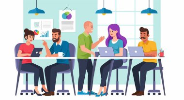 Modern bir ofis ortamında laptopları kullanarak ve verileri tartışarak bir masada birlikte çalışan beş farklı profesyonelden oluşan bir grup..