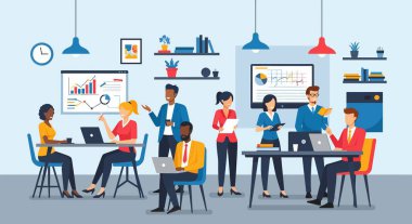 Bir ofis ortamında birlikte çalışan, verileri inceleyen, dizüstü bilgisayar kullanan ve işbirlikçi tartışmalara katılan bir grup profesyonel..