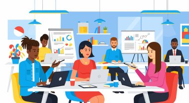 Dizüstü bilgisayarlar ve grafikler kullanarak parlak bir ofiste birlikte çalışan çeşitli profesyoneller..