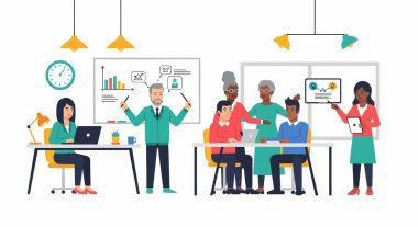 Çeşitli profesyonellerden oluşan bir grup modern bir ofiste işbirliği yapıyor, ekranlar ve beyaz panolar üzerindeki verileri gözden geçiriyor, strateji ve ilerlemeyi tartışıyor.