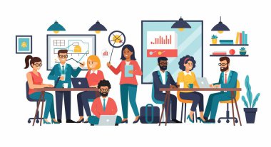 Bir toplantıda işbirliği yapan, veri tabloları ve grafiklerini inceleyen, dizüstü bilgisayar kullanan ve modern ofis ortamında strateji tartışan çeşitli profesyonellerden oluşan bir grup..