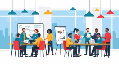 Modern ofis ortamında işbirliği yapan, çizelge ve grafikleri analiz eden, dizüstü bilgisayar kullanan ve iş stratejisini tartışan çeşitli profesyonellerden oluşan bir grup..