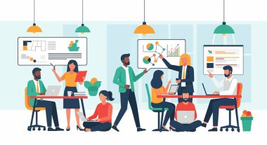 Modern bir ofiste çeşitli profesyonellerin tasviri, dizüstü bilgisayarlar üzerinde işbirliği yapmak, grafikleri analiz etmek ve tartışmalara dahil olmak..