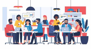 Çeşitli profesyonellerin modern bir ofiste dizüstü bilgisayarlar kullanarak ve veri, grafik ve iş stratejilerini tartışarak birlikte çalışmalarının bir tasviri.