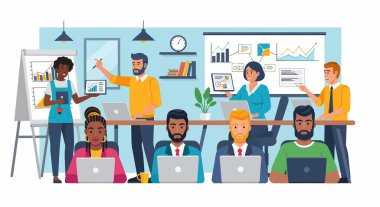 Çeşitli profesyonellerden oluşan bir grup birlikte çalışıyor, grafikler ve grafikler sunuyor, ortak bir iş toplantısında dizüstü bilgisayarlar kullanıyor, strateji ve veri analizlerini tartışıyorlar..