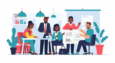 Modern bir ofis ortamında yapılan toplantı sırasında iş grafikleri ve grafikleri üzerinde çalışan beş farklı profesyonelin resmi.