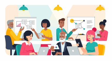 İşbirlikçi bir ofis ortamında dizüstü bilgisayarlar, tabletler ve çizelgeler kullanarak birlikte çalışan çeşitli profesyonellerin çizimi.