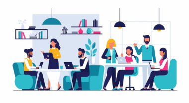 Modern bir ofiste birlikte çalışan, dizüstü bilgisayarları kullanan ve işbirlikçi tartışmalara katılan bir grup profesyonel..