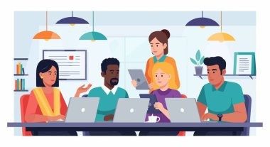 Aydınlık, modern bir ofis ortamında dizüstü bilgisayarlarla ve tabletlerle aynı masada çalışan beş farklı kişinin resmi.