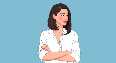 Kısa siyah saçlı, beyaz yakalı, kollarını kavuşturmuş, hafifçe gülümseyen bir kadın tasviri..