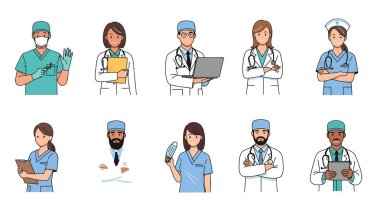 Doktorların, hemşirelerin önlük, laboratuvar önlüğü giyip ellerinde tıbbi aletler olan on farklı tıp uzmanının karikatür çizimi..