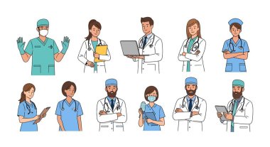 Çeşitli pozlarda on farklı doktor ve hemşireden oluşan bir koleksiyon. Bazıları tıbbi malzeme taşıyor, önlük giyiyor ve laboratuvar önlüğü giyiyor..