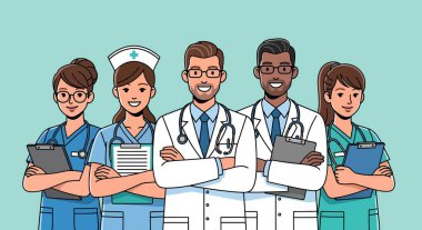 Aralarında beyaz önlüklü doktorların ve önlüklü hemşirelerin de bulunduğu çeşitli tıp uzmanları, kolları bağlı, ellerinde dosyalar, güvenle gülümsüyorlar..