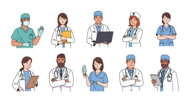 Doktorlar ve hemşireler de dahil olmak üzere 10 karikatür stili tıp uzmanından oluşan bir koleksiyon, çeşitli pozlarda, önlük, laboratuvar önlüğü giyiyorlar ve ellerinde tıbbi malzemeler tutuyorlar..