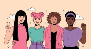 Birbirlerine sarılmış dört farklı kadın bir arada duruyorlar. Biri barış işareti veriyor, diğeri de dayanışma için yumruğunu kaldırıyor..