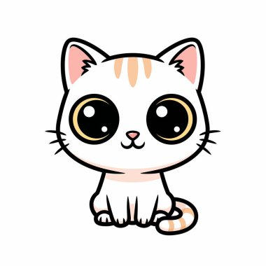 Büyük, anlamlı gözleri, beyaz kürkü ve turuncu çizgileri olan sevimli bir çizgi film kedisi, büyüleyici bir pozda oturuyor..