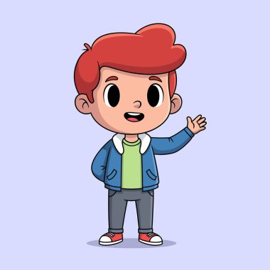 Kırmızı saçlı, mavi ceketli ve elini dostça bir hareketle sallayan genç bir çocuğun neşeli bir çizimi..