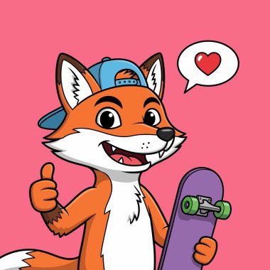 Ters beyzbol şapkası takan neşeli bir tilki çizgi filmi bir kaykayı tutuyor, baş parmağını kaldırıyor ve konuşma balonunda bir kalbi var..