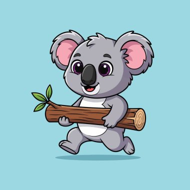 Üzerinde yeşil yapraklar olan bir kütük taşırken sevimli bir çizgi film koalası koşuyor. Koala neşeli bir ifadeye sahiptir ve neşeli bir şekilde tasvir edilir..