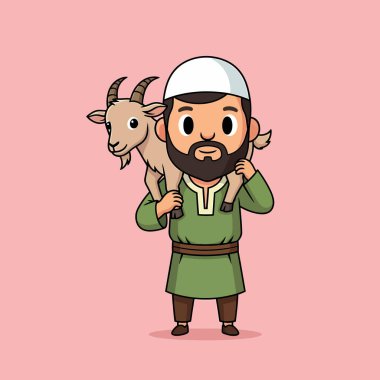 Omuzlarında keçi taşıyan sakallı, karikatürlü Müslüman bir adamın resmi, muhtemelen bayram kutlaması için..