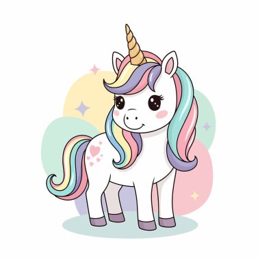 Beyaz önlüklü, gökkuşağı renginde yeleli ve kuyruklu sevimli tek boynuzlu at ve yumuşak pastel arka planda geçen altın bir boynuz..