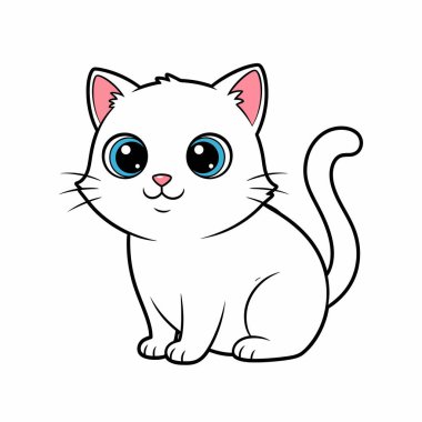 Çekici mavi gözleri, pembe iç kulakları ve tatlı, nazik bir ifadesi olan beyaz bir kedinin büyüleyici bir çizimi..