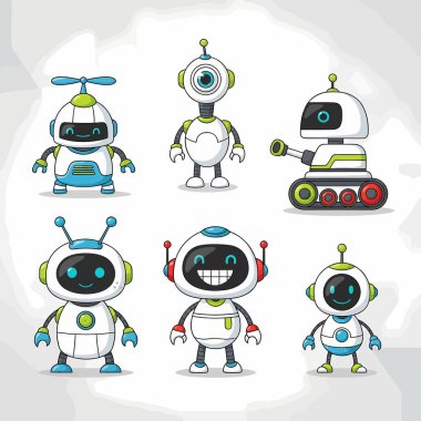 Her biri farklı kafa şekilleri, antenler ve vücut stilleri de dahil olmak üzere eşsiz tasarımları olan altı adet sevimli çizgi film robotu, oyuncu ve geleceksel bir tema sergiliyor..