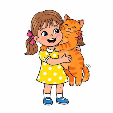 At kuyruklu neşeli bir kız, turuncu tekir kedisine sarılıyor. İkisi de gülümsüyor..