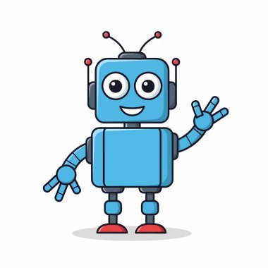 Kare gövdeli, antenli ve el sallayan beyaz arka planda izole edilmiş dost canlısı mavi bir robotun çizgi film çizimi..
