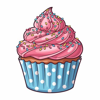 Renkli şekerlerle süslenmiş, mavi benekli bir ambalajla sunulmuş, pembe kremalı enfes bir kek. Tatlı severler ve tatlı sevenler için mükemmel..