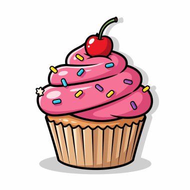 Üzerinde pembe şekerleme, renkli süslemeler ve üzerinde klasik bir kağıt bardakta sunulan kirazlı canlı bir çizgi film tarzı kek..