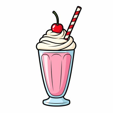Çilekli milkshake 'in hoş bir karikatür çizimi, krema, kiraz ve çizgili kamışla kaplanmış, tatlı aşıkları için mükemmel..