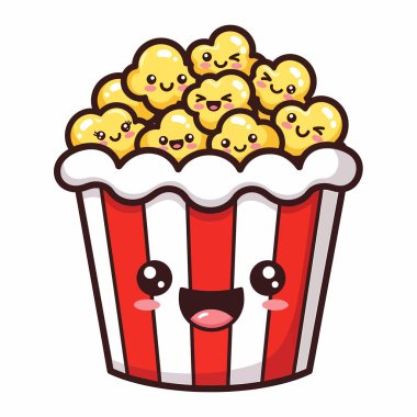 Gülen patlamış mısır parçalarıyla dolu bir patlamış mısır kovasının büyüleyici bir çizimi, her projeye eğlenceli bir dokunuş eklemek için mükemmel..