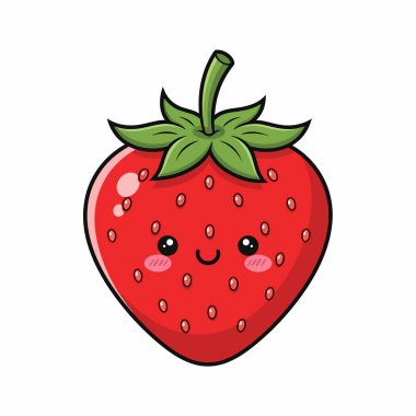 Sevimli, çizgi film tarzı bir çilek, gülümseyen bir yüz, pembe yanaklar, ve canlı kırmızı renk, çocuk çizimleri ve tasarımları için mükemmel..