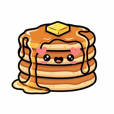 Üzerine tereyağı sürülmüş, şurup serpiştirilmiş, kalp yanaklı kawaii tarzı bir yüze sahip bir yığın tatlı krep..