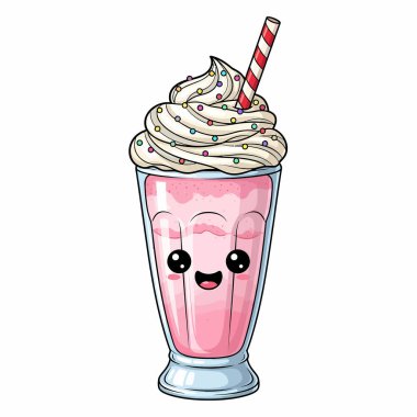 Krem şanti ve çizgili kamışla kaplı şirin bir yüzle bardaktaki pembe milkshake 'in büyüleyici bir çizimi..