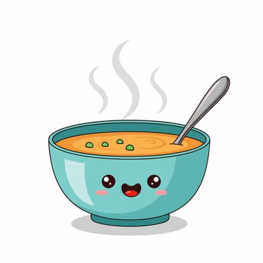 Tatlı, gülen yüzlü, kaşık ve yükselen buharlı bir çorba kasesinin karikatür çizimi..