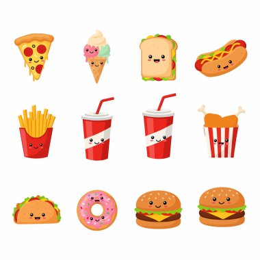 Pizza, dondurma, sandviç, sosisli, patates kızartması, soda, tavuk, taco, çörek ve hamburgerler dahil olmak üzere şirin çizgi film fast food ürünleri koleksiyonu..