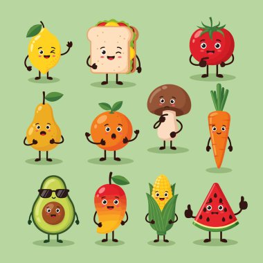 Çeşitli meyve, sebze ve sandviçin yer aldığı çizgi film karakterlerinin hoş bir koleksiyonu. Hepsi neşeli ifadeler ve eğlenceli tasarımlarla dolu..