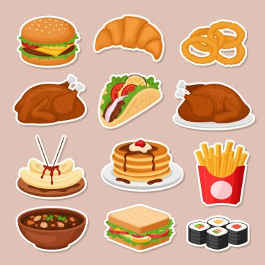 Hamburger, kruvasan, kraker, tavuk, taco, gözleme, patates kızartması, çorba, sandviç ve suşi içeren yemek etiketleri koleksiyonu..