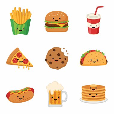 Patates kızartması, hamburger, soda, pizza, kurabiye, taco, hot dog, bira ve krep gibi komik fast food karakterleri içeren bir koleksiyon..