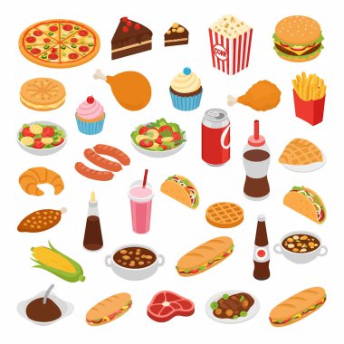Pizzalar, hamburgerler, patatesler ve tatlılar da dahil olmak üzere çeşitli fast food ürünlerinin yer aldığı renkli çizimler, yüksek kalorili, sağlıksız bir diyeti temsil ediyor..