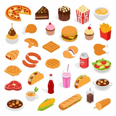 Pizza, hamburger, patates kızartması, taco ve tatlıları da dahil olmak üzere çeşitli fast food ürünleri içeren renkli bir izometrik çizim..
