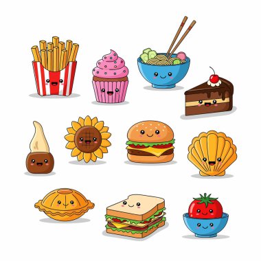 Patates kızartması, kek, ramen, pasta ve diğer leziz yiyeceklerden oluşan sevimli çizgi film karakterleri koleksiyonu..