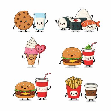 Sütlü kurabiye, suşi rulo, kalpli dondurma, içkili hamburger ve kahveli patates kızartması da dahil olmak üzere bir sürü sevimli çizgi film karakteri..