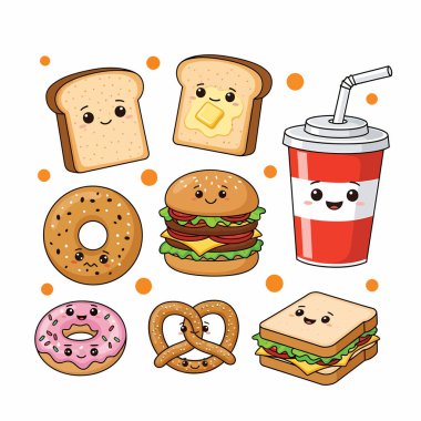 İçinde tost, hamburger, çörek, kraker, sandviç ve soda bulunan çok güzel karikatür ikonlarının olduğu bir koleksiyon..