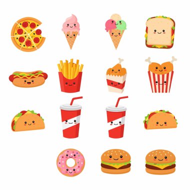Pizza, dondurma, sosisli, patates kızartması, hamburger, taco ve içecekler dahil olmak üzere çeşitli çizgi film fast food ikonları..